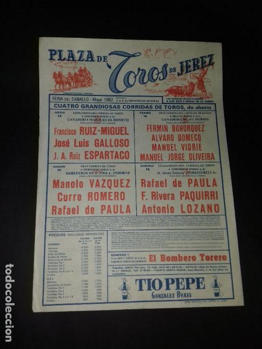 Tauromaquia: CARTEL. JEREZ. MAYO-1982.FRANCISCO RUIZ MIGUEL. JOSE LUIS GALLOSO. ESPARTACO. MANOLO VAZQUEZ.
