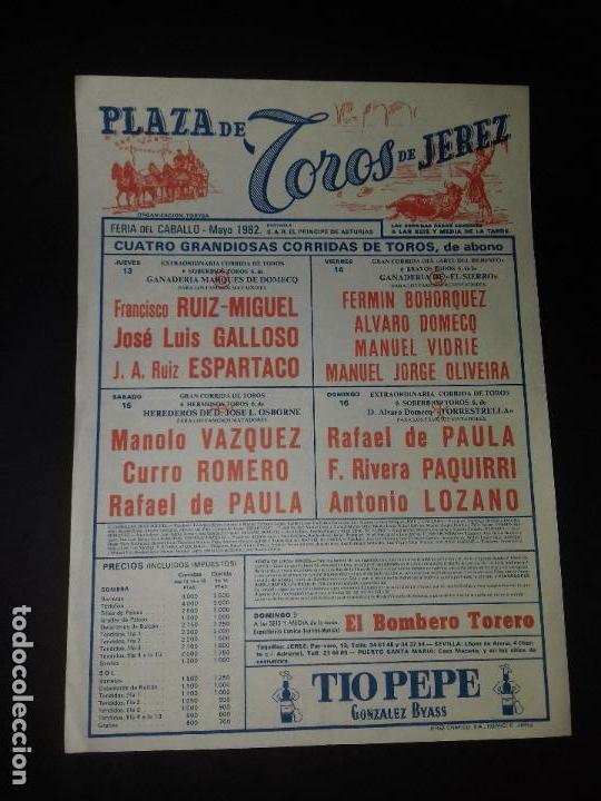 Tauromaquia: CARTEL. JEREZ. MAYO-1982.FRANCISCO RUIZ MIGUEL. JOSE LUIS GALLOSO. ESPARTACO. MANOLO VAZQUEZ.