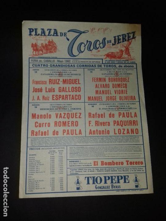Tauromaquia: CARTEL. JEREZ. MAYO-1982.FRANCISCO RUIZ MIGUEL. JOSE LUIS GALLOSO. ESPARTACO. MANOLO VAZQUEZ.