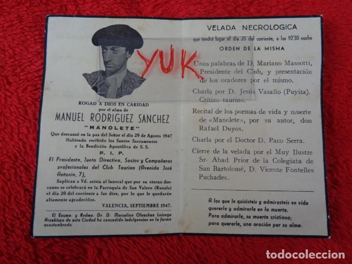 Tauromaquia: MANUEL RODRIGUEZ MANOLETE, DIPTICO INVITACION A LA VELADA NECROLOGICA CELEBRADA EN VALENCIA 1947