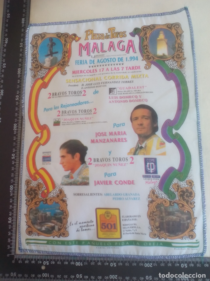 Tauromaquia: PA&Ntilde;UELO DE TOROS, CARTEL TAURINO 1994 M&Aacute;LAGA FERIA AGOSTO JOSE MARIA MANZANARES, JAVIER CONDE