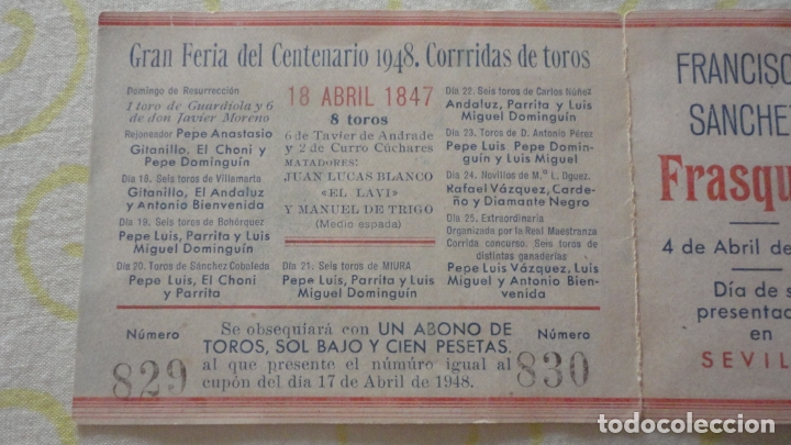 Tauromaquia: PROGRAMA.TOROS.SORTEO.FRANCISCO SANCHEZ FRASQUITO.FERIA SEVILLA 1948.GITANILLO.CHONI.DOMINGUIN - Foto 3