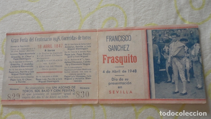 Tauromaquia: PROGRAMA.TOROS.SORTEO.FRANCISCO SANCHEZ FRASQUITO.FERIA SEVILLA 1948.GITANILLO.CHONI.DOMINGUIN - Foto 1