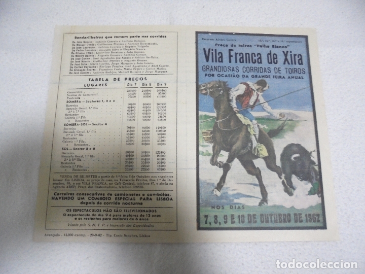 Tauromaquia: DIPTICO. CORRIDA DE TOROS. VILA FRANCA DE XIRA. 1962. CUATRO ESPECTACULOS EN FERIA ANUAL. VER DORSO