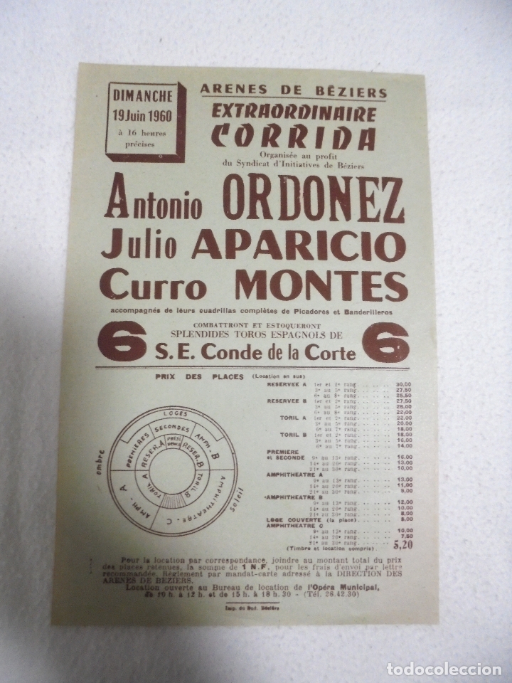 Tauromaquia: CARTEL DE TOROS. PLAZA DE ARENES DE BEZIERS, FRANCIA. 1960. ORDO&Ntilde;EZ, APARICIO Y MONTES. 16 X 25CM