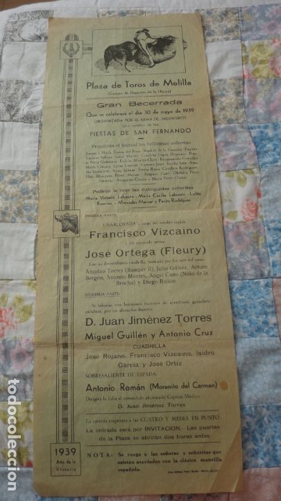 Tauromaquia: ANTIGUO CARTEL.PLAZA TOROS MELILLA 1939.FIESTAS SAN FERNANDO.JUAN JIMENEZ TORRES.MORENITO DEL CARMEN