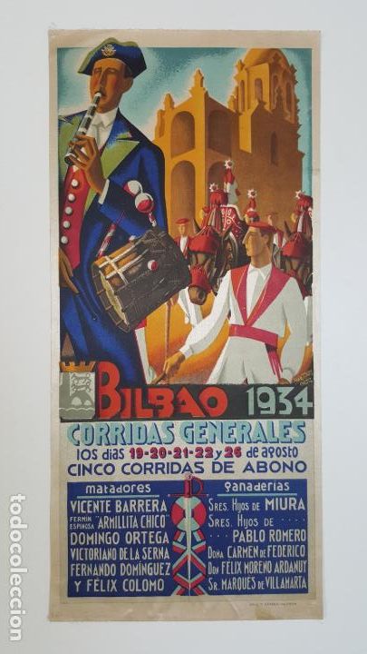 Tauromaquia: CARTEL DE TOROS EN SEDA BILBAO 1934. LIT. IMP. ORTEGA. VALENCIA