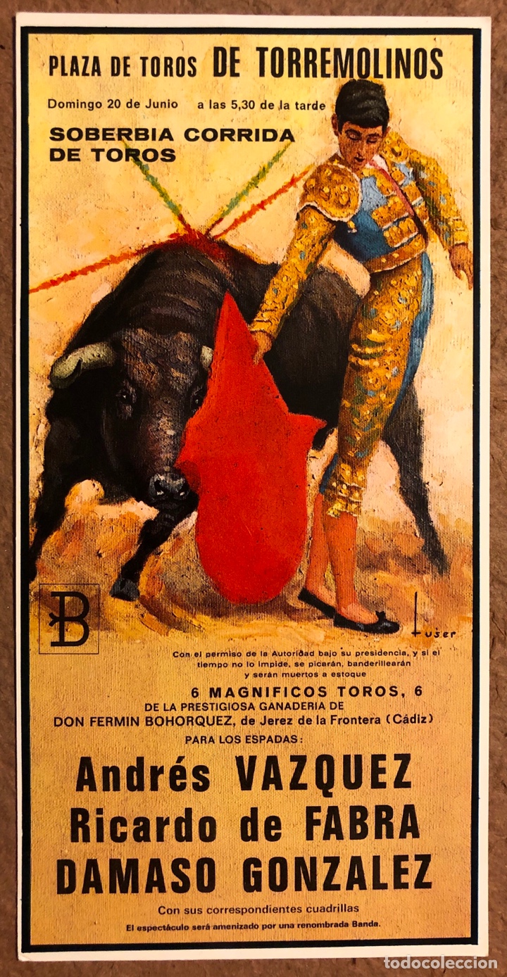 Tauromaquia: ANDR&Eacute;S V&Aacute;ZQUEZ + RICARDO DE FABRA + D&Aacute;MASO GONZ&Aacute;LEZ. POSTAL CARTEL TAURINO TORREMOLINOS