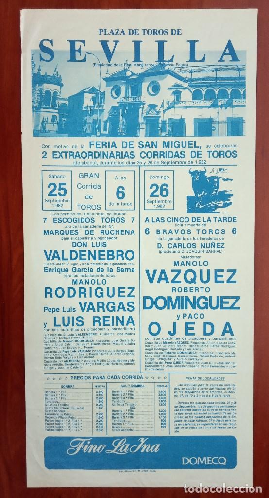 Tauromaquia: Cartel Plaza de Toros de Sevilla, Programa de la Feria de San Miguel Septiembre 1982. 21x43&acute;5 cm