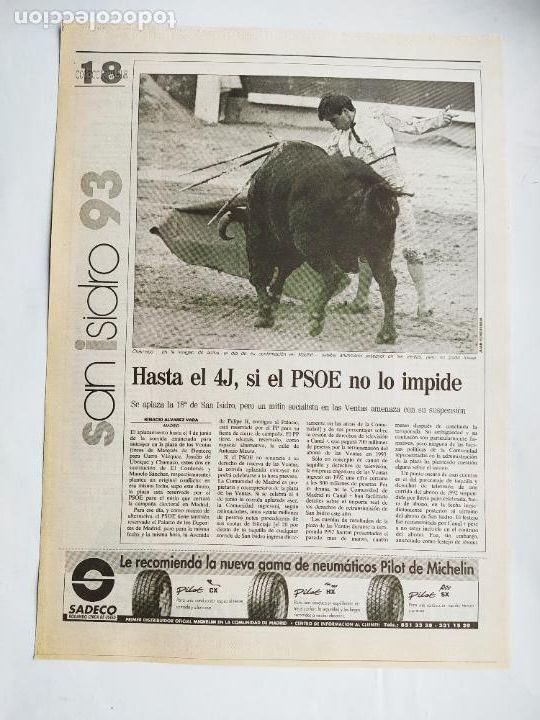 Tauromaquia: DIARIO 16 TOROS. FERIA DE SAN ISIDRO '93. COLECCIONABLE N&ordm; 18. 27 MAYO 1993. TDK289B
