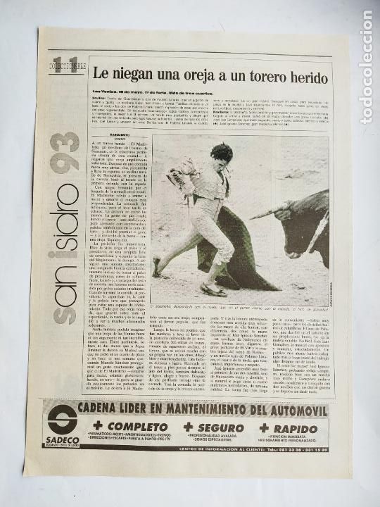 Tauromaquia: DIARIO 16 TOROS. FERIA DE SAN ISIDRO '93. COLECCIONABLE N&ordm; 11. 20 MAYO 1993. TDK289B