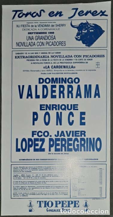 Tauromaquia: Cartel.Jerez.Septiembre 1988.Domingo Valderrama,Enrique Ponce,Fco.J. L&oacute;pez Peregrino. La Cardenilla