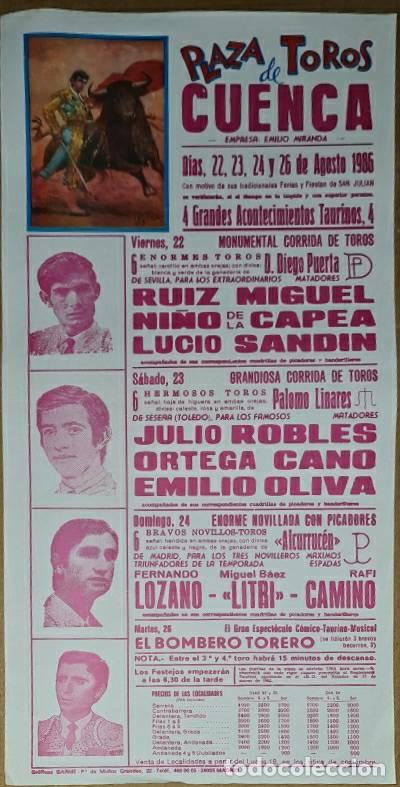 Tauromachie: Cartel. Cuenca. Agosto 1986. Emilio Oliva, Julio Robles, Ortega Cano, Rafi Camino, El Litri.....