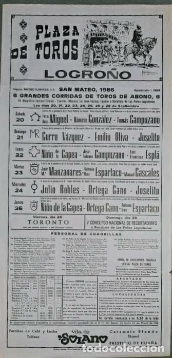Tauromaquia: Cartel. Logro&ntilde;o. Septiembre 1986. Jose M. Manzanares, Ortega Cano, Espartaco, Julio Robles, Joselito