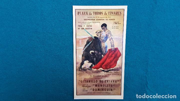 Tauromaquia: POSTAL PLAZA TOROS DE LINARES (1947) GITANILLO DE TRIANA - MANOLETE - DOMINGUIN - CARTEL N&ordm; 8