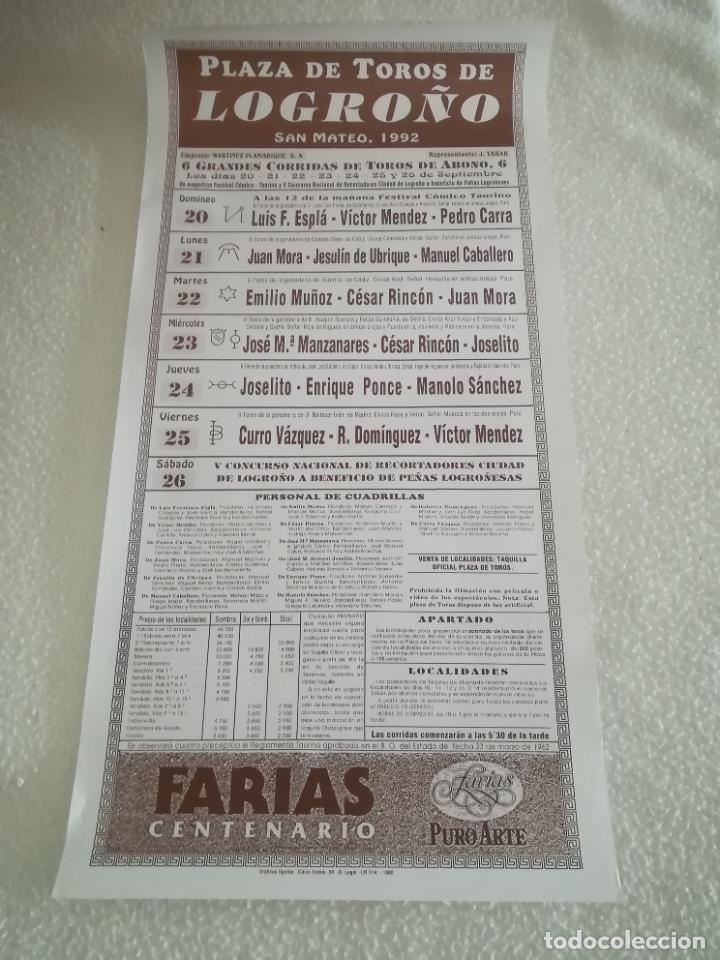 Tauromaquia: CARTEL DE TOROS. PLAZA DE TOROS LOGRO&Ntilde;O. SAN MATEO. 1992. ESPLA, JUAN MORA, CESAR RINCON, PONCE