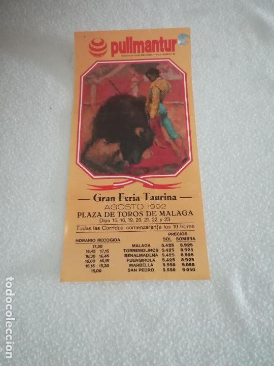Tauromaquia: PEQUE&Ntilde;O CARTEL DE TOROS ANUNCIADOR. PLAZA DE TOROS DE MALAGA. GRAN FERIA TAURINA . 1992.