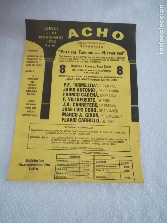Bullfighting: PROGRAMA DE TOROS. PLAZA TOROS ACHO. 1990. FESTIVAL TAURINO DE HISPANIDAD. ARMILLITA, CADENA, COBO