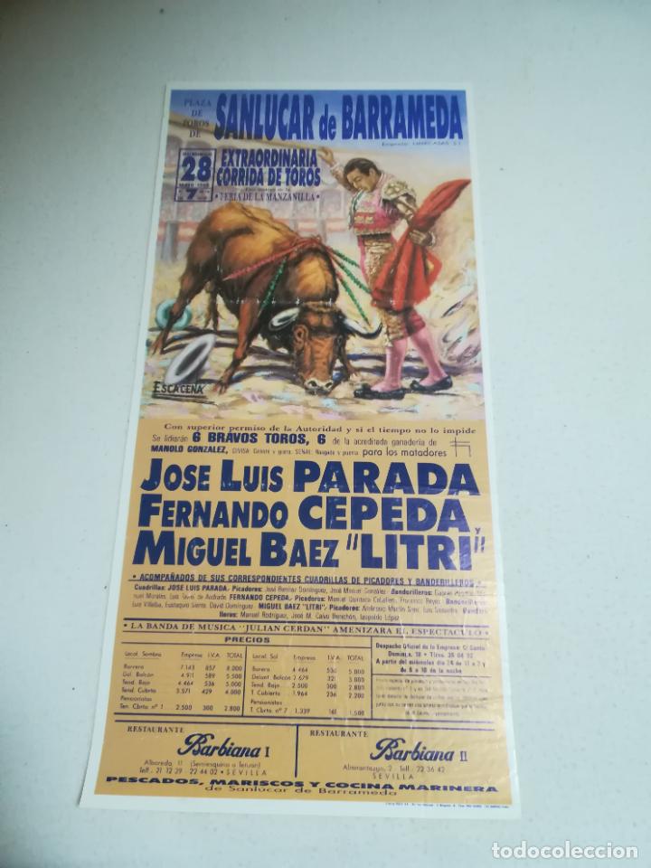 Tauromachie: CARTEL DE TOROS. PLAZA DE TOROS SANLUCAR DE BARRAMEDA. 1989. PARADA, CEPEDA Y EL LITRI