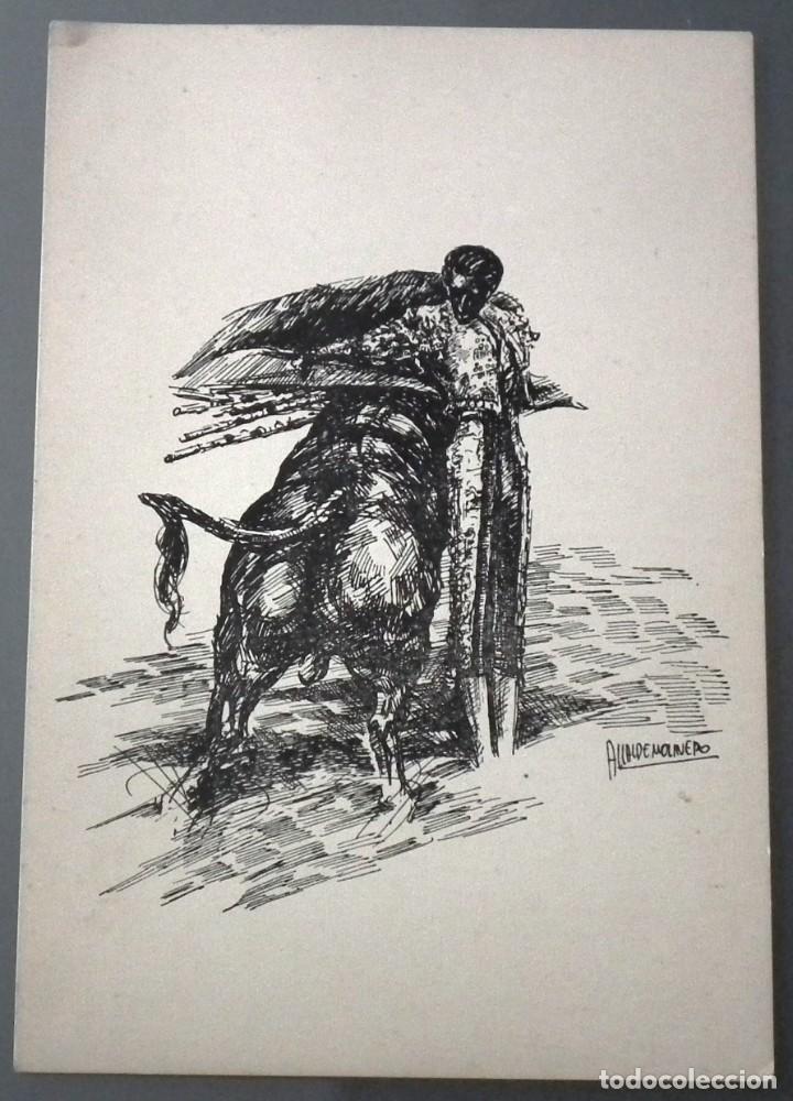 Tauromaquia: POSTAL MANOLETE - VISTO POR ALCALDE MOLINERO - MANOLETINA - AGOSTO (1947)