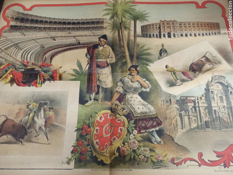 Tauromaquia: CARTEL TOROS DOBLE, MURCIA TEMPORADA TAURINA DE 1888, REVISTA LA LIDIA LITOGRAFIA J. PALACIOS