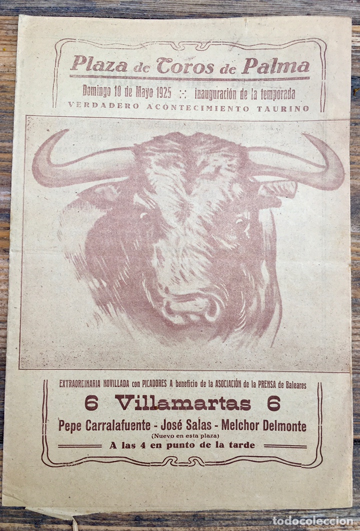 Tauromaquia: Triptico programa toros Mallorca 1925 Delmonte, Carralafuente, Salas. Novillos Villamarta.