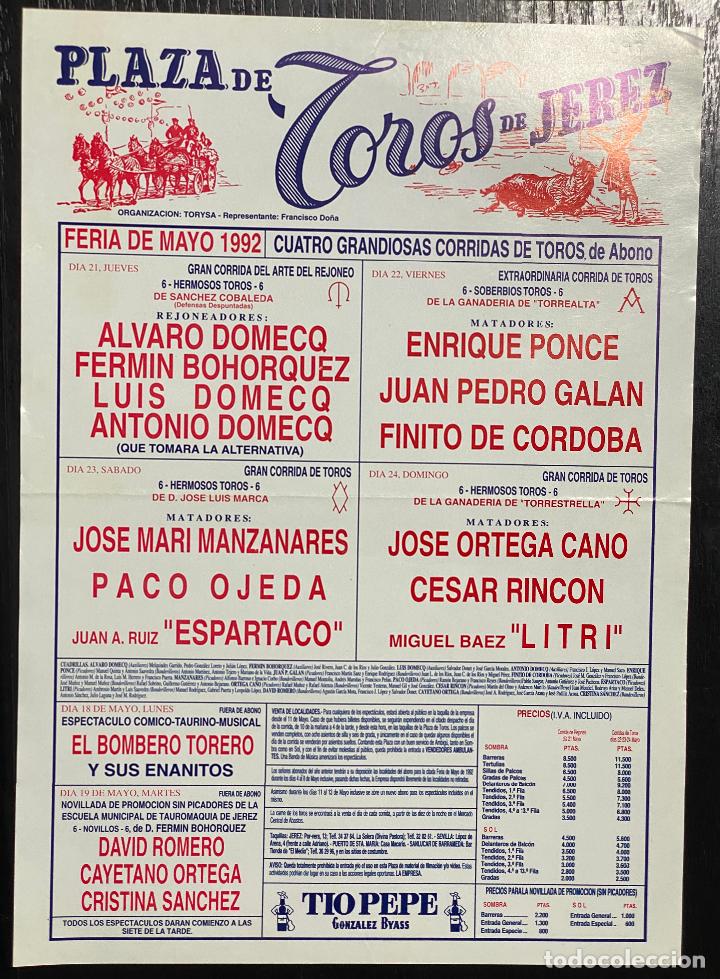 Tauromaquia: CARTEL DE TOROS EN JEREZ. A&Ntilde;O 1992. ENRIQUE PONCE, FINITO DE CORDOBA, ORTEGA CANO.