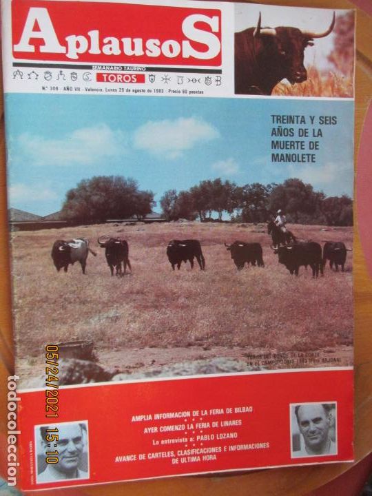 Tauromaquia: APLAUSOS SEMANARIO TAURINO N&ordm; 309 -08-1983 - 36 A&Ntilde;OS DE LA MUERTE MANOLETE -PABLO LOZANO