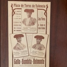 Tauromaquia: RAFAEL EL GALLO, BOMBITA Y JUAN BELMONTE. CARTEL TOROS VALENCIA. 28 JULIO 1914. CONDE SANTA COLOMA. Lote 284703723