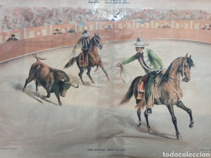 Tauromaquia: LITOGRAFIA REVISTA LA LIDIA ORIGINAL 1889 TOREO MEXICANO, SUERTE DE LAZAR. 53x37 cm TOROS