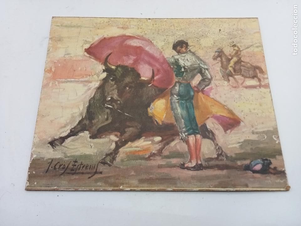 Tauromachia: LAMINA EN PLIEGO DE MADERA. IMAGEN DE PINTURA DE J CROS ESTREMS. TEMA TOROS. 25 X 31 CM.
