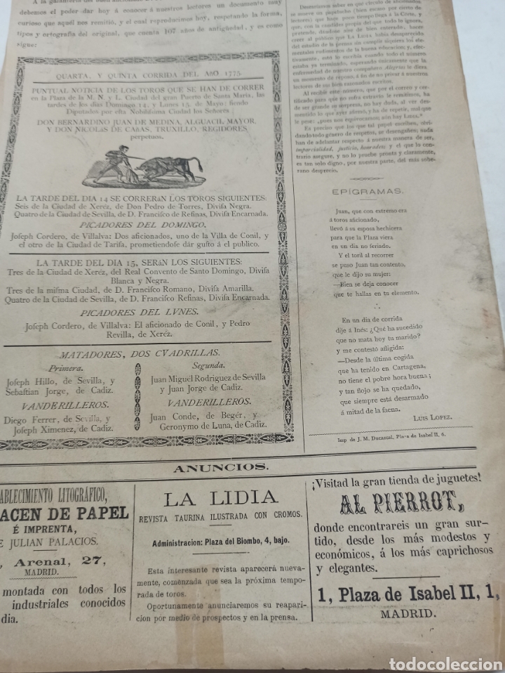 Tauromaquia: CARTEL DE LA REVISTA LA LIDIA CON LITOGRAFÍA DOBLE EN COLOR, TEMPORADA DE 1882. - Foto 11 - 312187583