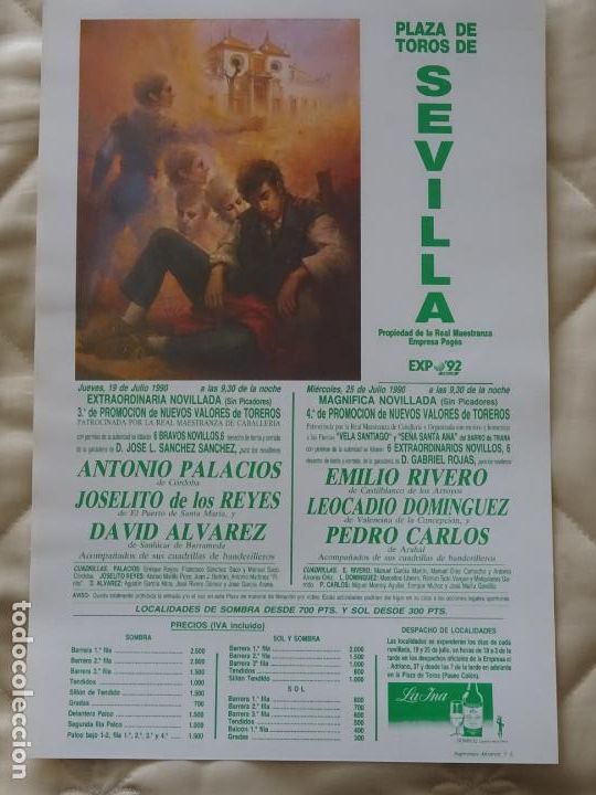 Tauromaquia: TAUROMAQUIA CARTEL DE CORRIDA DE TOROS. SEVILLA MAESTRANZA EXPO 92. 19 JULIO 1990 . 32CM B95