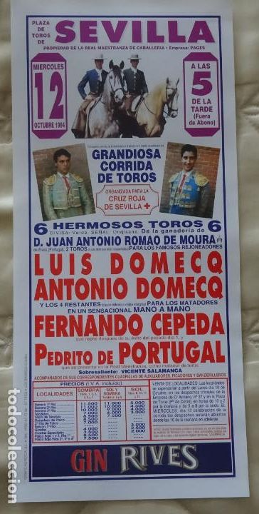 Tauromachia: TAUROMAQUIA CARTEL DE CORRIDA DE TOROS. SEVILLA MAESTRANZA 12 OCTUBRE 1994 DOMECQ CEPEDA. 32CM B98