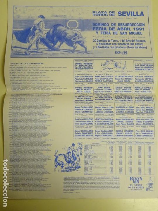 Bullfighting: TAUROMAQUIA CARTEL DE CORRIDA DE TOROS. SEVILLA MAESTRANZA. 1991 EXPO 92. 44CM B120