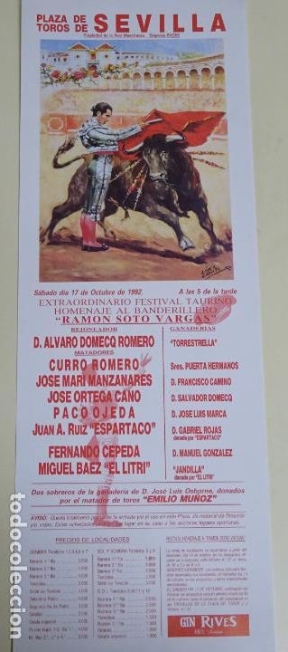 Tauromachie: TAUROMAQUIA CARTEL DE CORRIDA DE TOROS. SEVILLA MAESTRANZA. 1992 HOMENAJE SOTO VARGAS 45CM B129