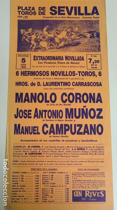 Bullfighting: TAUROMAQUIA CARTEL DE CORRIDA DE TOROS. SEVILLA MAESTRANZA. 1992 EXPO 92 CAMPUZANO CORONA 45CM B138