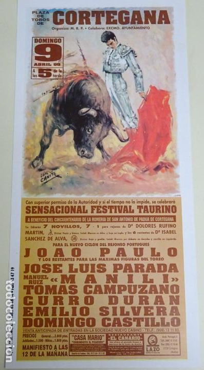 Bullfighting: TAUROMAQUIA CARTEL DE CORRIDA DE TOROS. CORTEGANA HUELVA. 9 ABRIL 1995. PAULO MANILI 35CM B151