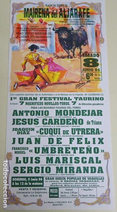 Stierkampf: TAUROMAQUIA CARTEL DE CORRIDA DE TOROS. MAIRENA DEL ALJARAFE SEVILLA 8 JUNIO 1996 35CM B152