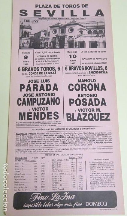 Tauromachia: TAUROMAQUIA CARTEL DE CORRIDA DE TOROS. SEVILLA MAESTRANZA JUNIO 1990. PARADA CORONA 43CM B163