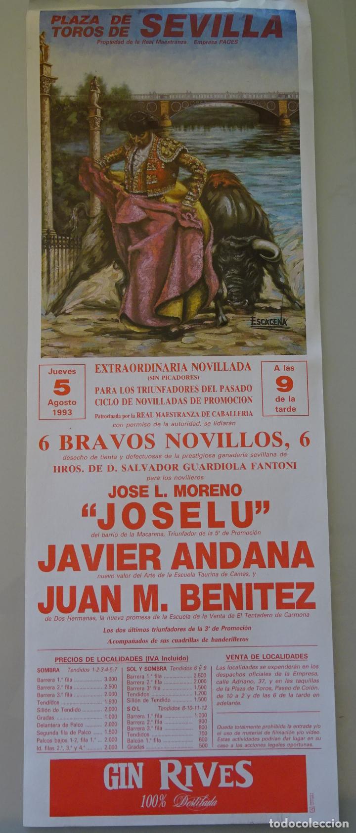Tauromaquia: TAUROMAQUIA CARTEL DE CORRIDA DE TOROS. PLAZA MAESTRANZA SEVILLA 1993. JOSELU ANADANA 44CM B227