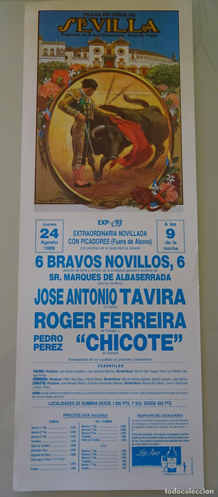 Tauromaquia: TAUROMAQUIA CARTEL DE CORRIDA DE TOROS. PLAZA MAESTRANZA SEVILLA 1989. EXPO 92. CHICOTE 45CM. B240