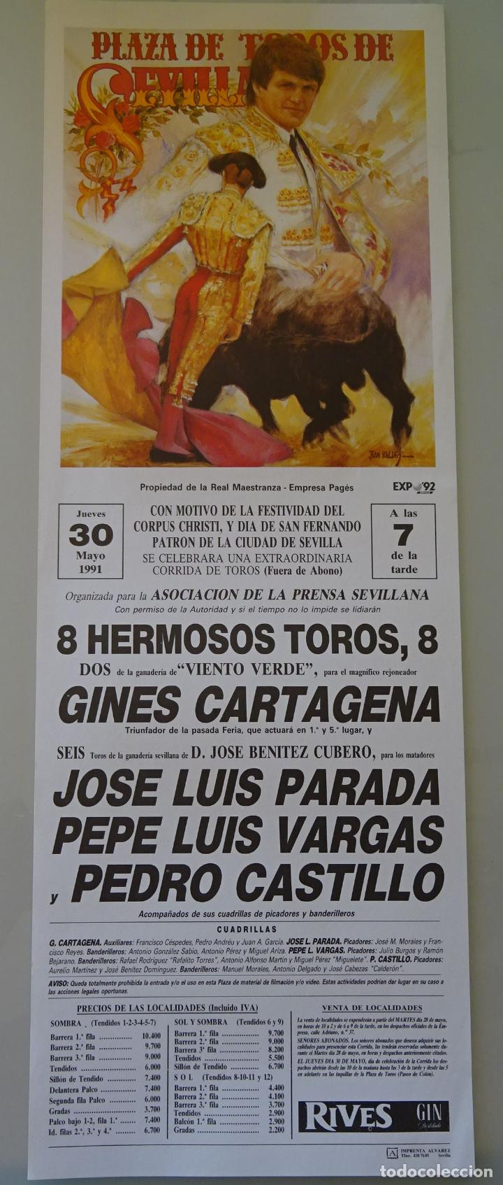 Stierkampf: TAUROMAQUIA CARTEL DE CORRIDA DE TOROS. PLAZA MAESTRANZA SEVILLA 1991 EXPO 92 CARTAGENA 45CM B245