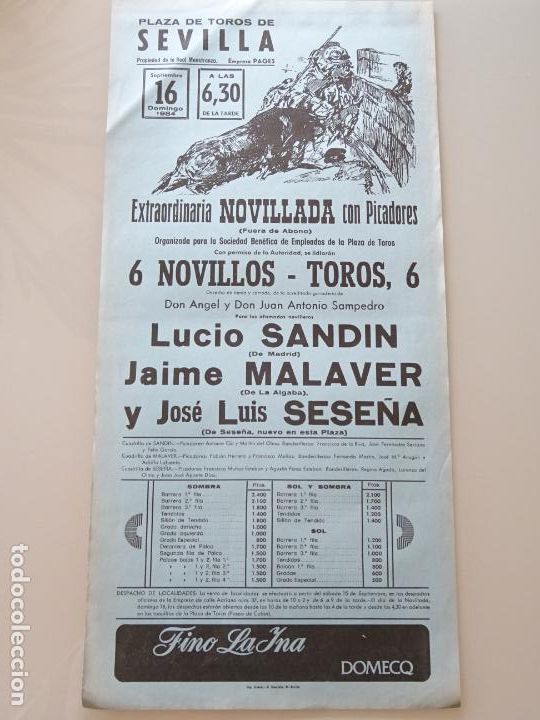 Tauromachia: TAUROMAQUIA CARTEL DE CORRIDA DE TOROS. PLAZA MAESTRANZA SEVILLA 1984 SAND&Iacute;N MALAVER SESE&Ntilde; 44CM B283
