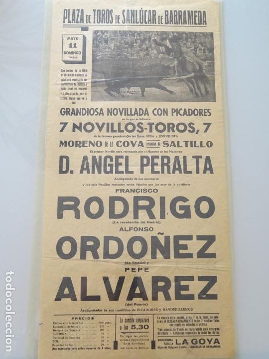 Tauromachia: TAUROMAQUIA CARTEL DE CORRIDA DE TOROS. SANL&Uacute;CAR DE BARRAMEDA 1958 PERALTA ORDO&Ntilde;EZ 44CM B289