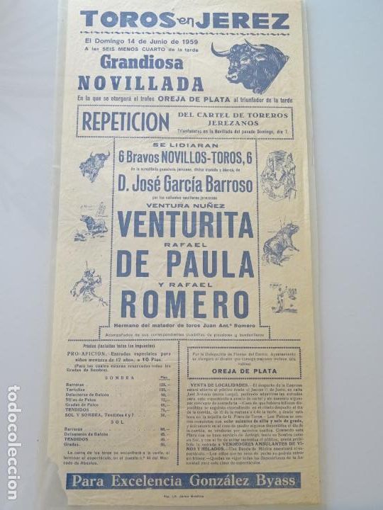 Tauromachia: TAUROMAQUIA CARTEL DE CORRIDA DE TOROS. JEREZ DE LA FRONTERA 1959 VENTURITA DE PAULA 44CM B295