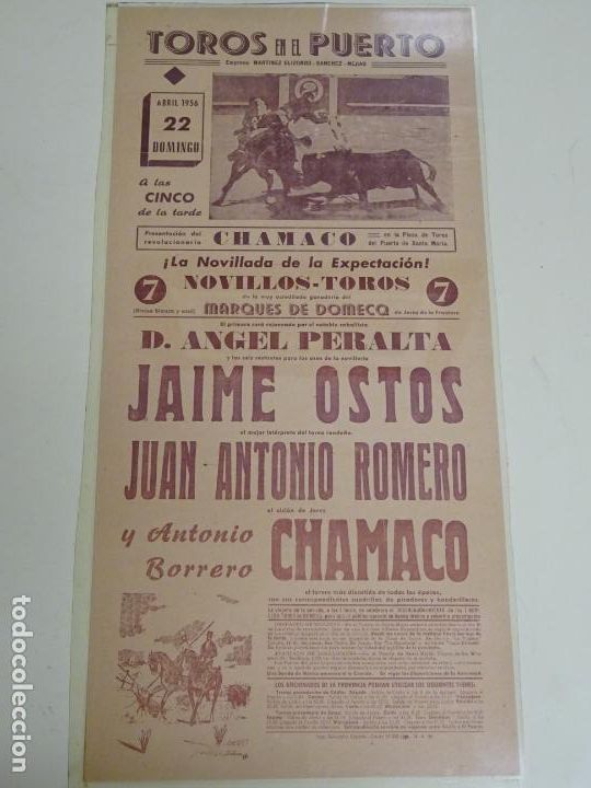 Tauromachie: TAUROMAQUIA CARTEL DE CORRIDA DE TOROS. PUERTO SANTAMAR&Iacute;A 1956. OSTOS ROMERO CHAMACO. 44CM B303
