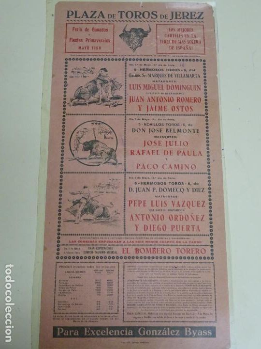 Tauromaquia: TAUROMAQUIA CARTEL DE CORRIDA DE TOROS. FERIA JEREZ FRONTERA 1959. OSTOS DOMINGU&Iacute;N CAMINO. 44CM B304