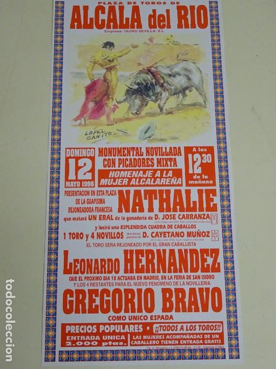 Tauromaquia: TAUROMAQUIA CARTEL DE CORRIDA DE TOROS. ALCAL&Aacute; DEL RIO, SEVILLA 1996. REJONEADORA NATHALIE 34CM B310