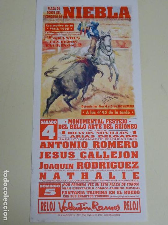 Tauromachie: TAUROMAQUIA CARTEL DE CORRIDA DE TOROS. NIEBLA HUELVA . ROMERO CALLEJ&Oacute;N NATHALIE. 34CM B315